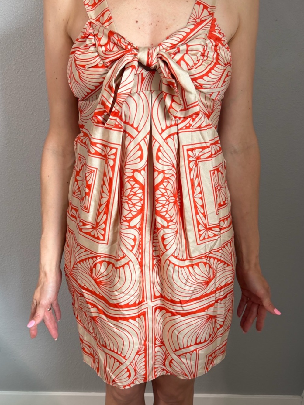 Hype 100% Silk Art Deco Floral Mini Dress - Bow Front & Pockets - Size 4